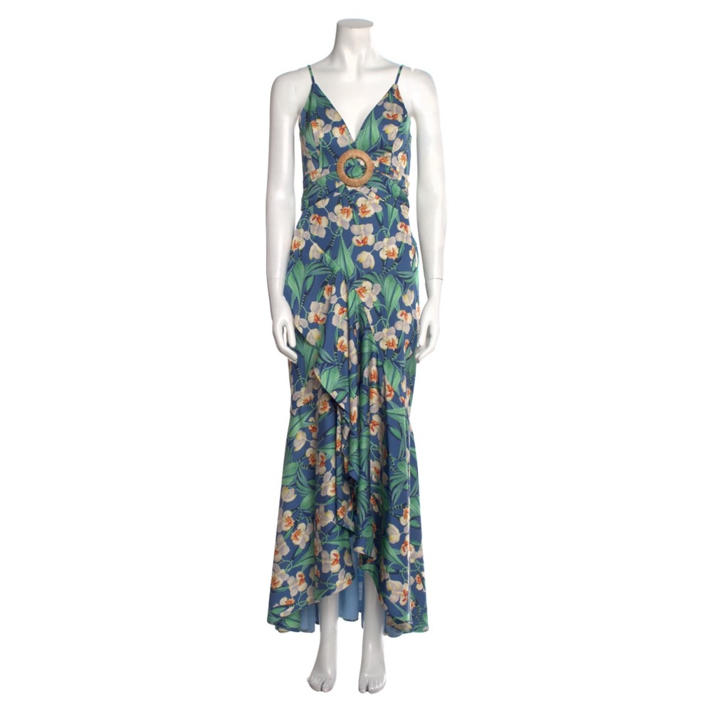 PatBO Dress Carmen Blue Ruffled Floral Print Satin Size US 4 Asymmetric Midi